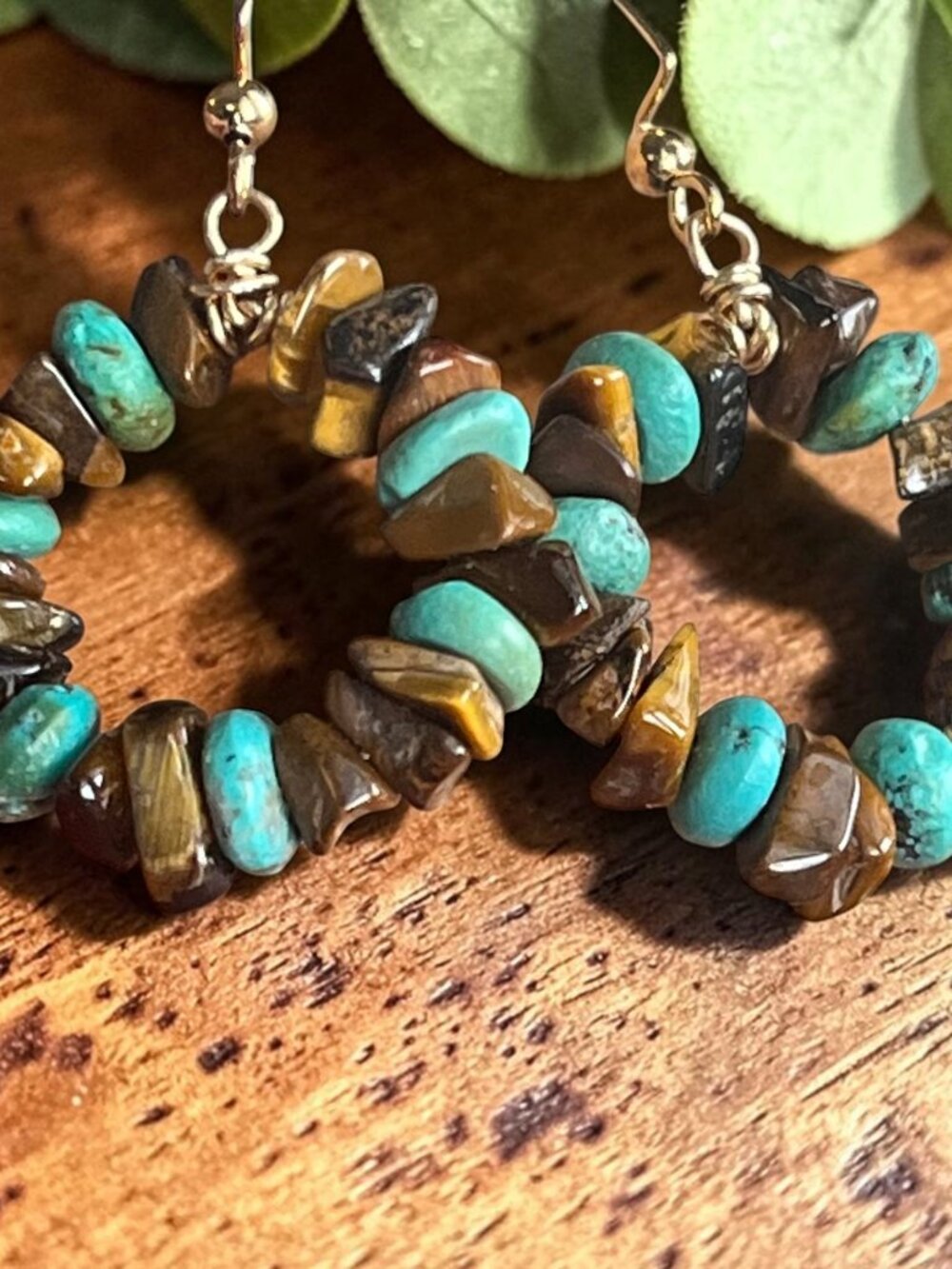 Turquoise, Tiger’s Eye Dangle Earrings | Southwest Boho Gemstone Artisan Jewelry - Picture 3 of 4